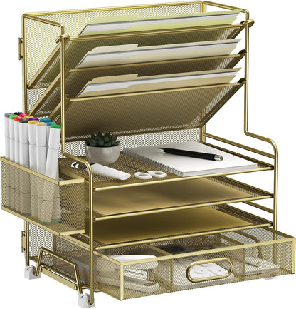 4-Tier Paper Organizer + 3-Pocket File Holder + Drawer + Pen Holders, Desktop File Organizers Paper Tray for Office Accessories School Classroom Organization (Black)