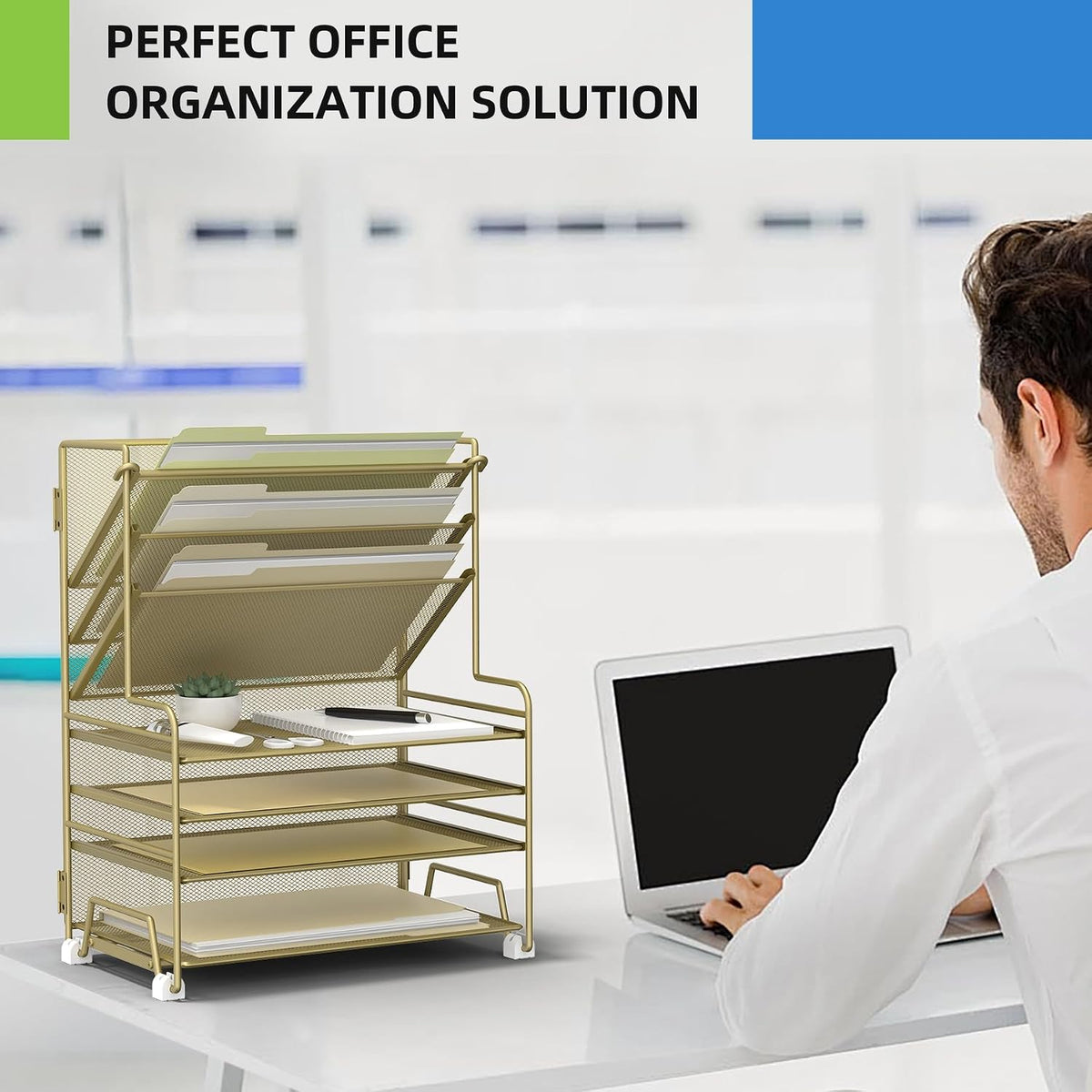 4-Tier Paper Organizer + 3-Pocket File Holder + Drawer + Pen Holders, Desktop File Organizers Paper Tray for Office Accessories School Classroom Organization (Black)
