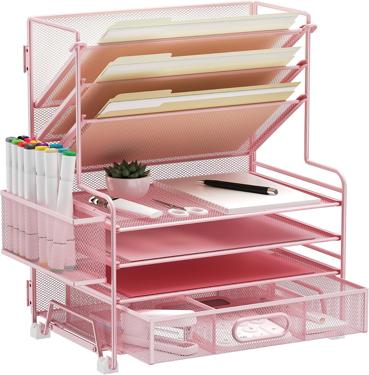 4-Tier Paper Organizer + 3-Pocket File Holder + Drawer + Pen Holders, Desktop File Organizers Paper Tray for Office Accessories School Classroom Organization (Black)