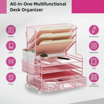 4-Tier Paper Organizer + 3-Pocket File Holder + Drawer + Pen Holders, Desktop File Organizers Paper Tray for Office Accessories School Classroom Organization (Black)
