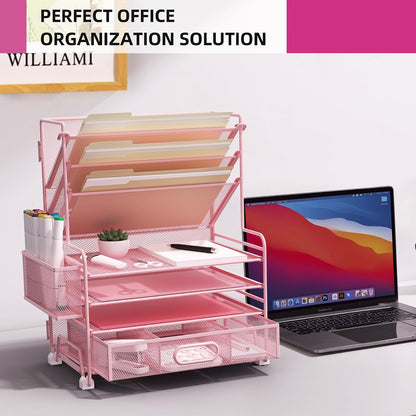 4-Tier Paper Organizer + 3-Pocket File Holder + Drawer + Pen Holders, Desktop File Organizers Paper Tray for Office Accessories School Classroom Organization (Black)