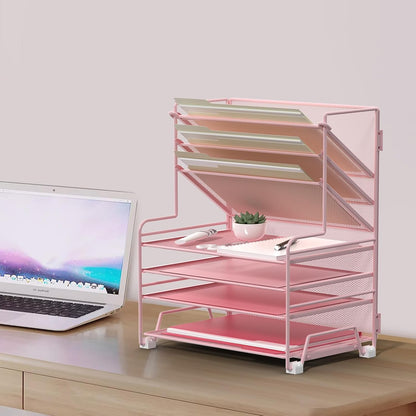 4-Tier Paper Organizer + 3-Pocket File Holder + Drawer + Pen Holders, Desktop File Organizers Paper Tray for Office Accessories School Classroom Organization (Black)