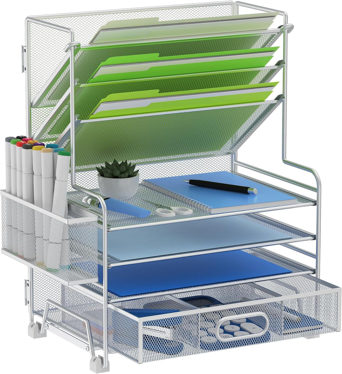4-Tier Paper Organizer + 3-Pocket File Holder + Drawer + Pen Holders, Desktop File Organizers Paper Tray for Office Accessories School Classroom Organization (Black)