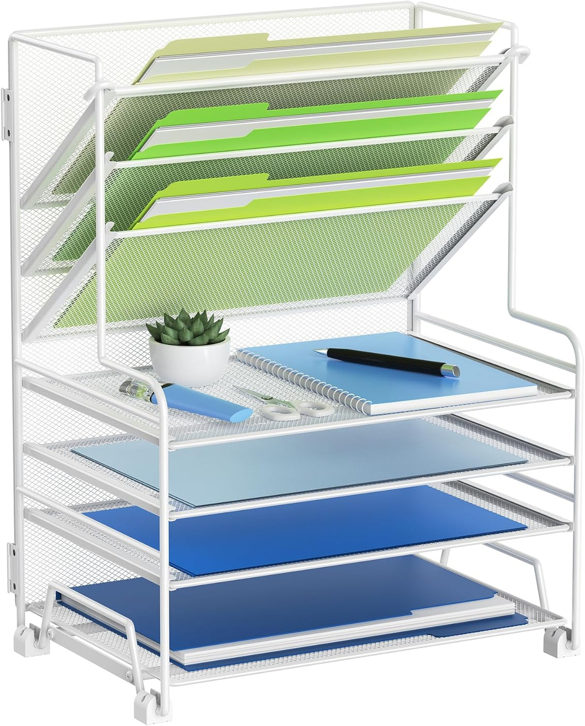 4-Tier Paper Organizer + 3-Pocket File Holder + Drawer + Pen Holders, Desktop File Organizers Paper Tray for Office Accessories School Classroom Organization (Black)