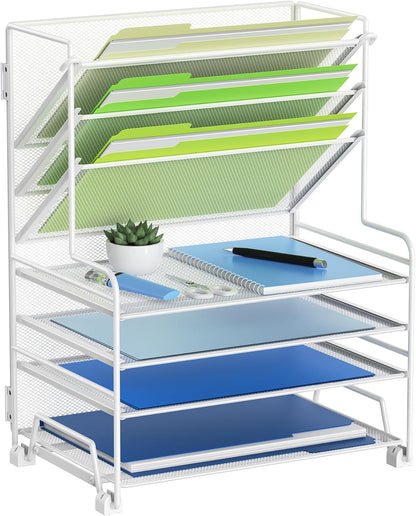 4-Tier Paper Organizer + 3-Pocket File Holder + Drawer + Pen Holders, Desktop File Organizers Paper Tray for Office Accessories School Classroom Organization (Black)