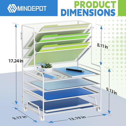 4-Tier Paper Organizer + 3-Pocket File Holder + Drawer + Pen Holders, Desktop File Organizers Paper Tray for Office Accessories School Classroom Organization (Black)