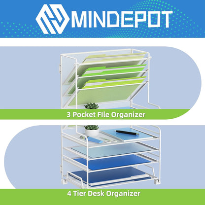 4-Tier Paper Organizer + 3-Pocket File Holder + Drawer + Pen Holders, Desktop File Organizers Paper Tray for Office Accessories School Classroom Organization (Black)