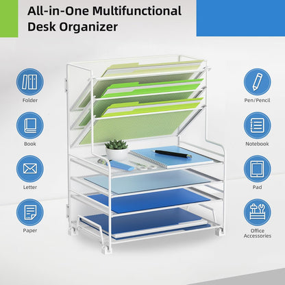 4-Tier Paper Organizer + 3-Pocket File Holder + Drawer + Pen Holders, Desktop File Organizers Paper Tray for Office Accessories School Classroom Organization (Black)