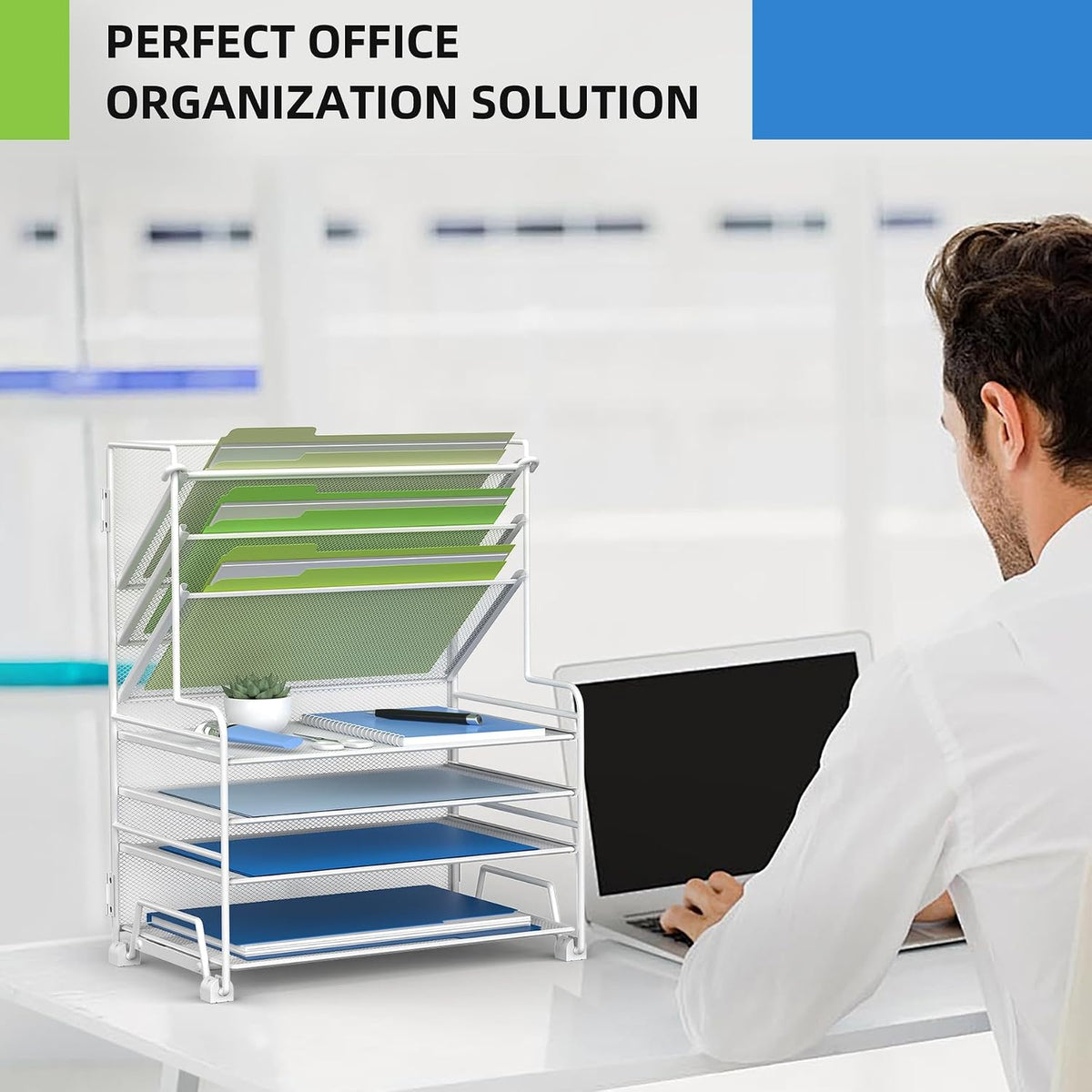 4-Tier Paper Organizer + 3-Pocket File Holder + Drawer + Pen Holders, Desktop File Organizers Paper Tray for Office Accessories School Classroom Organization (Black)