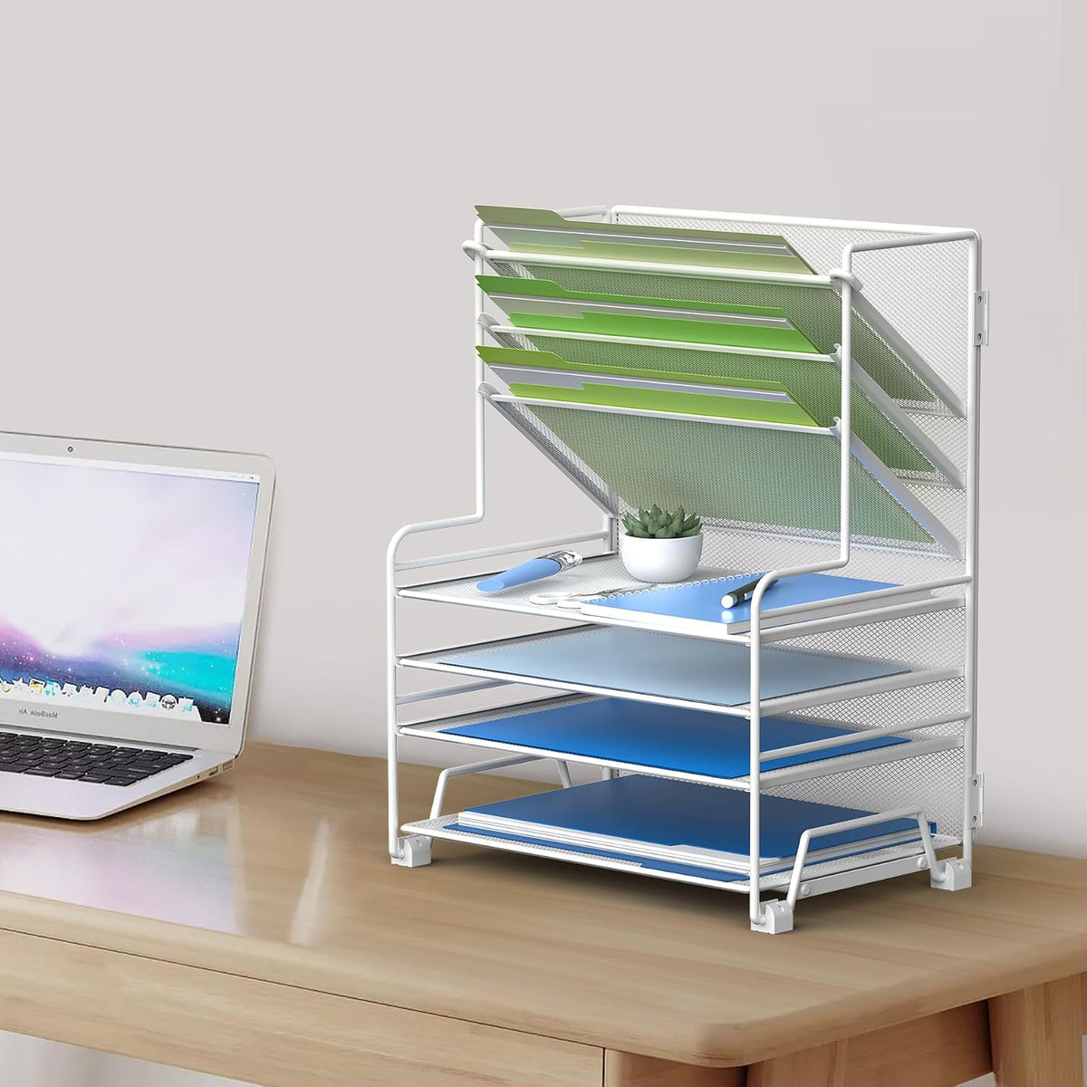 4-Tier Paper Organizer + 3-Pocket File Holder + Drawer + Pen Holders, Desktop File Organizers Paper Tray for Office Accessories School Classroom Organization (Black)