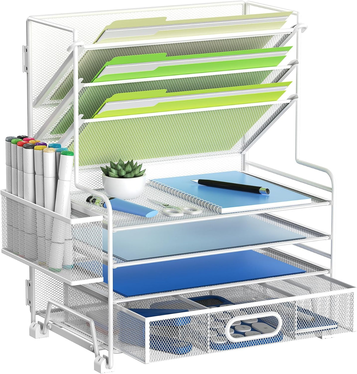 4-Tier Paper Organizer + 3-Pocket File Holder + Drawer + Pen Holders, Desktop File Organizers Paper Tray for Office Accessories School Classroom Organization (Black)