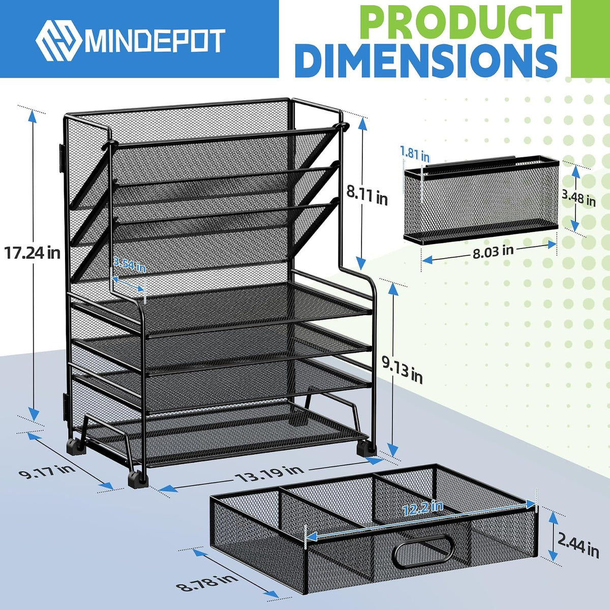 4-Tier Paper Organizer + 3-Pocket File Holder + Drawer + Pen Holders, Desktop File Organizers Paper Tray for Office Accessories School Classroom Organization (Black)
