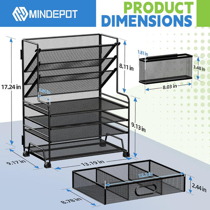 4-Tier Paper Organizer + 3-Pocket File Holder + Drawer + Pen Holders, Desktop File Organizers Paper Tray for Office Accessories School Classroom Organization (Black)