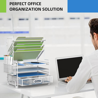 4-Tier Paper Organizer + 3-Pocket File Holder + Drawer + Pen Holders, Desktop File Organizers Paper Tray for Office Accessories School Classroom Organization (Black)