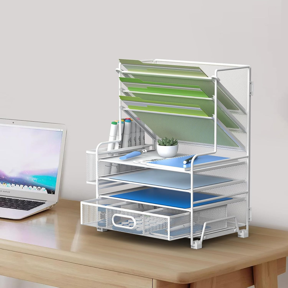 4-Tier Paper Organizer + 3-Pocket File Holder + Drawer + Pen Holders, Desktop File Organizers Paper Tray for Office Accessories School Classroom Organization (Black)