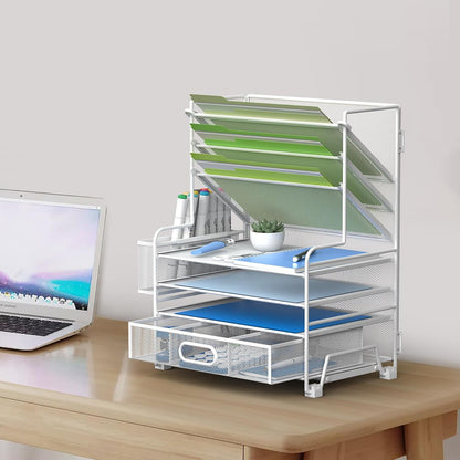 4-Tier Paper Organizer + 3-Pocket File Holder + Drawer + Pen Holders, Desktop File Organizers Paper Tray for Office Accessories School Classroom Organization (Black)