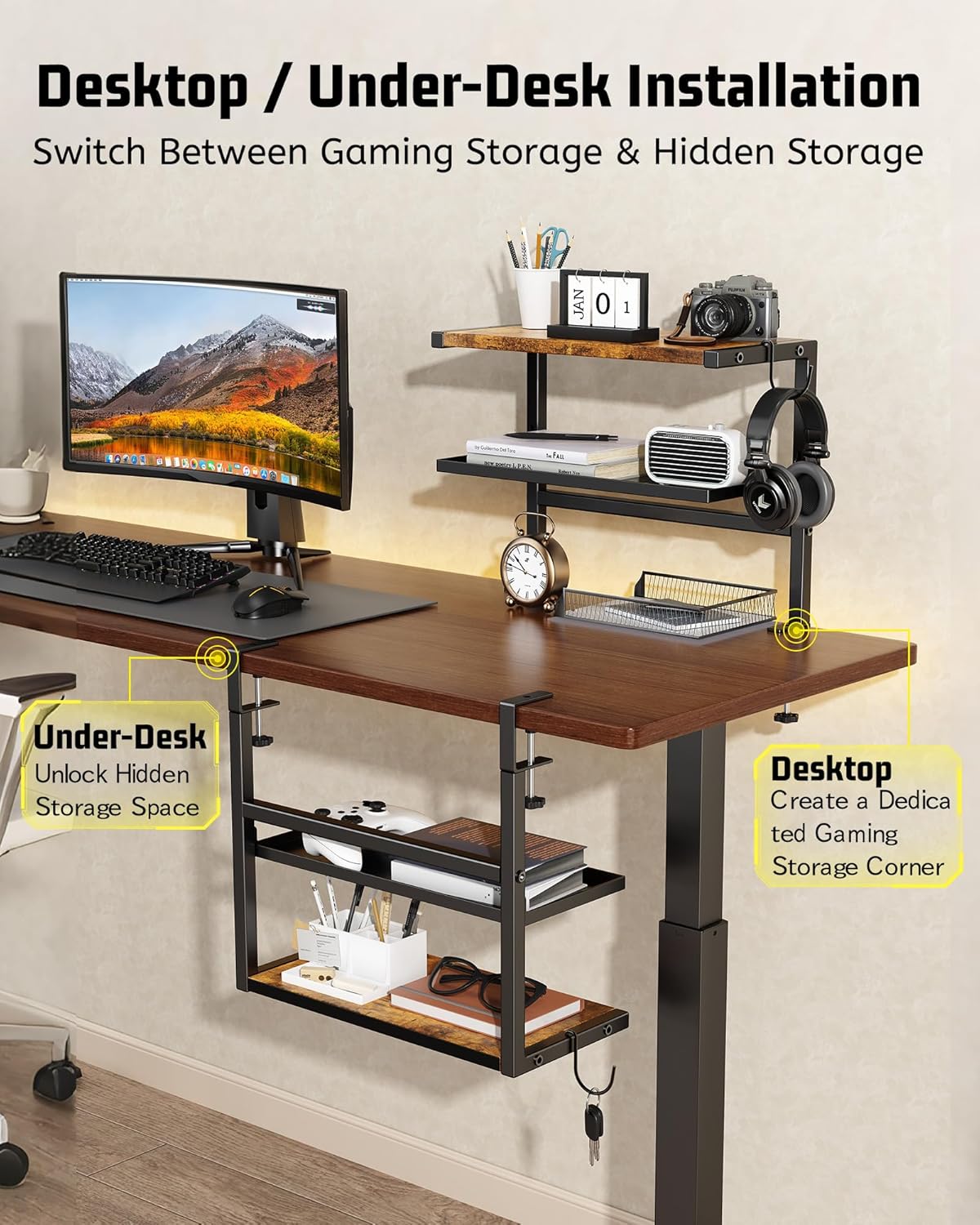 2-Tier Clamp Desk Shelf, No-Drill Under Desk Storage Clamp