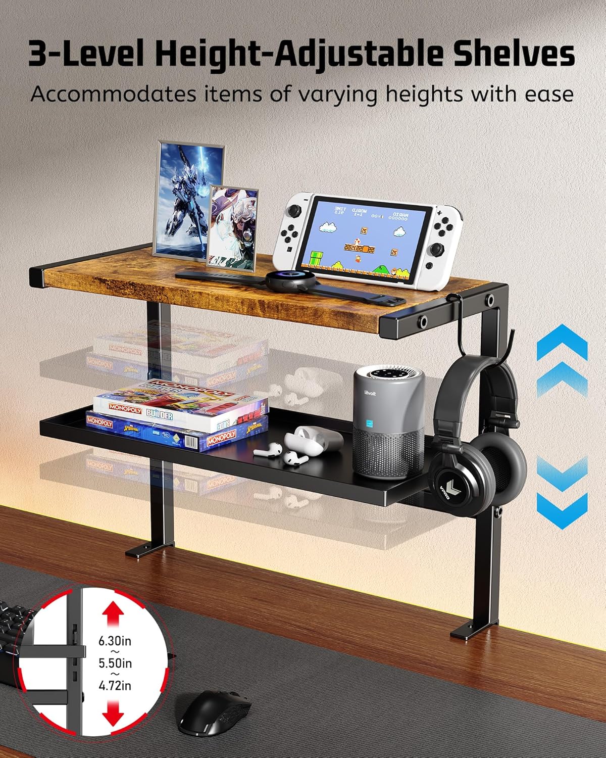 2-Tier Clamp Desk Shelf, No-Drill Under Desk Storage Clamp