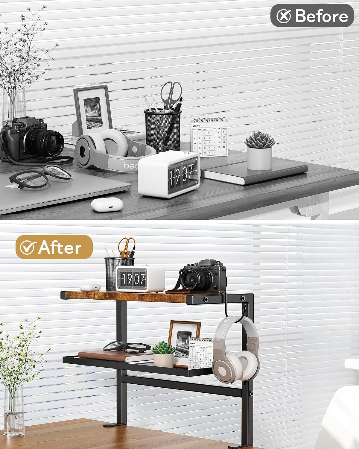 2-Tier Clamp Desk Shelf, No-Drill Under Desk Storage Clamp