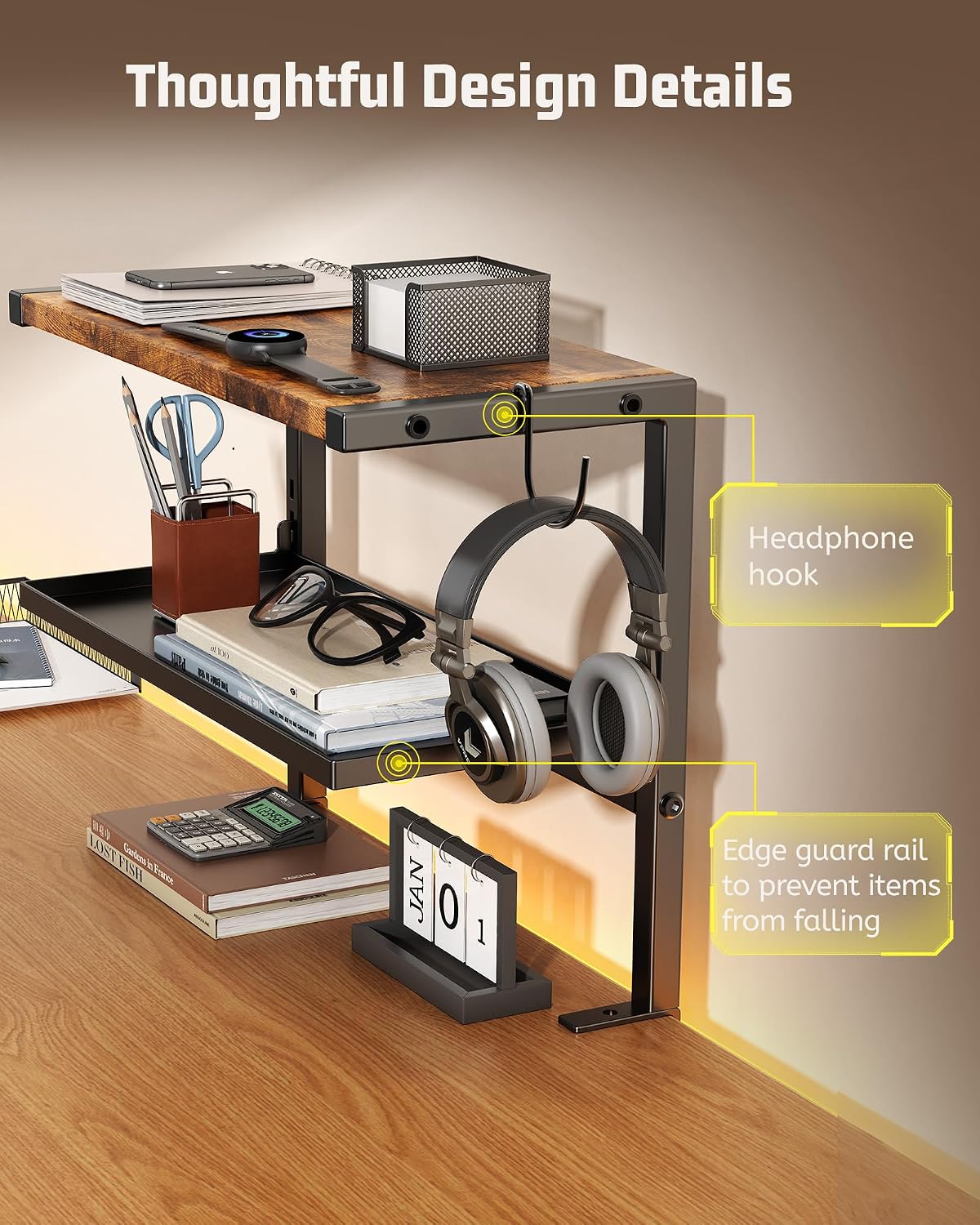 2-Tier Clamp Desk Shelf, No-Drill Under Desk Storage Clamp