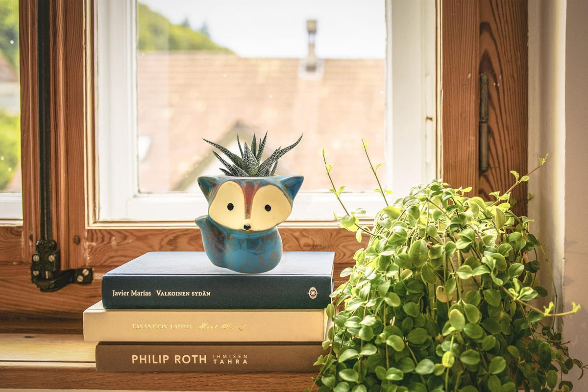 Animal Ceramic Planter Pot, 3.9" Fox Shaped Planters Ceramic Flowerpot Small Succulent Pots Cactus Pot for Home Decor Office Desktop Decoration - Plants Not Included (Blue)