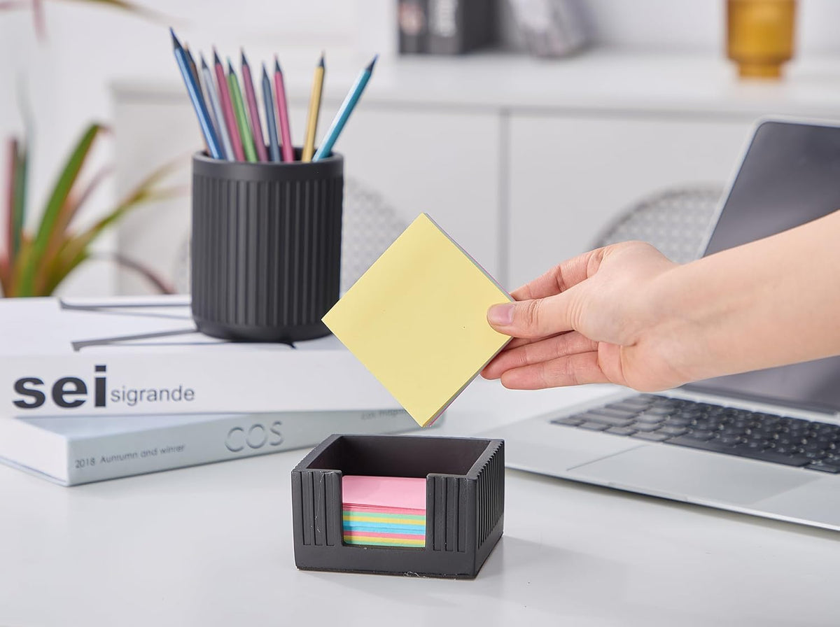 Concrete Modern Industrial Sticky Note Holder for Desk - 3.6 x 3.6 Inch Aesthetic Post it Note Holder Dispenser - Fluted Minimalist Self Stick Note Pad Holder - Cement Sticky Note Dispenser -Black