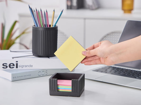 Concrete Modern Industrial Sticky Note Holder for Desk - 3.6 x 3.6 Inch Aesthetic Post it Note Holder Dispenser - Fluted Minimalist Self Stick Note Pad Holder - Cement Sticky Note Dispenser -Black