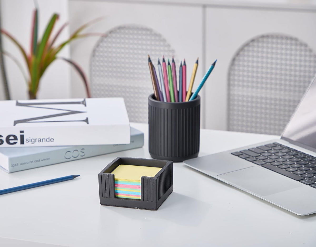 Concrete Modern Industrial Sticky Note Holder for Desk - 3.6 x 3.6 Inch Aesthetic Post it Note Holder Dispenser - Fluted Minimalist Self Stick Note Pad Holder - Cement Sticky Note Dispenser -Black