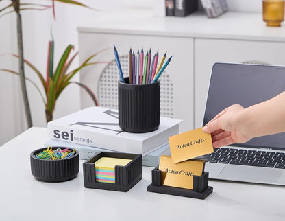 Concrete Modern Industrial Sticky Note Holder for Desk - 3.6 x 3.6 Inch Aesthetic Post it Note Holder Dispenser - Fluted Minimalist Self Stick Note Pad Holder - Cement Sticky Note Dispenser -Black