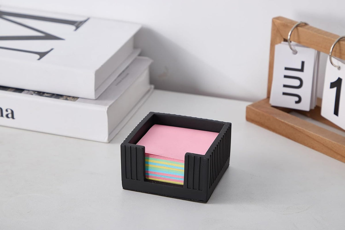 Concrete Modern Industrial Sticky Note Holder for Desk - 3.6 x 3.6 Inch Aesthetic Post it Note Holder Dispenser - Fluted Minimalist Self Stick Note Pad Holder - Cement Sticky Note Dispenser -Black
