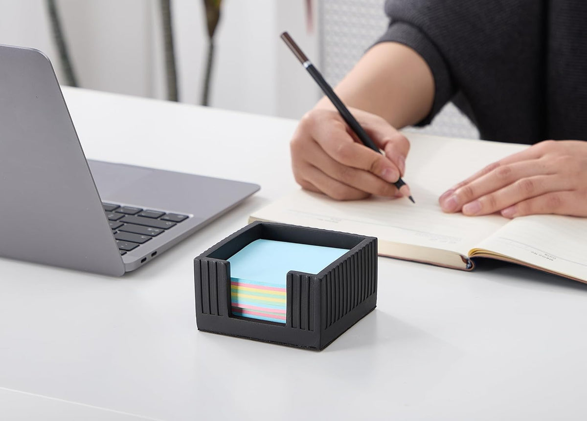 Concrete Modern Industrial Sticky Note Holder for Desk - 3.6 x 3.6 Inch Aesthetic Post it Note Holder Dispenser - Fluted Minimalist Self Stick Note Pad Holder - Cement Sticky Note Dispenser -Black