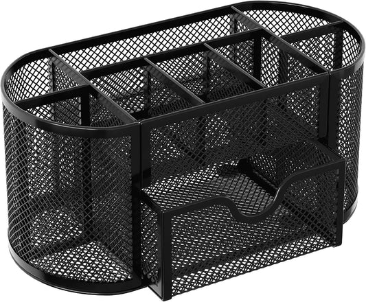 Mesh Pen Holder Desk Organizer with Drawer Stationery Supplies Organizer for Dorm School 9 Compartments Workspace Desk Accessories Organization for Office, Black
