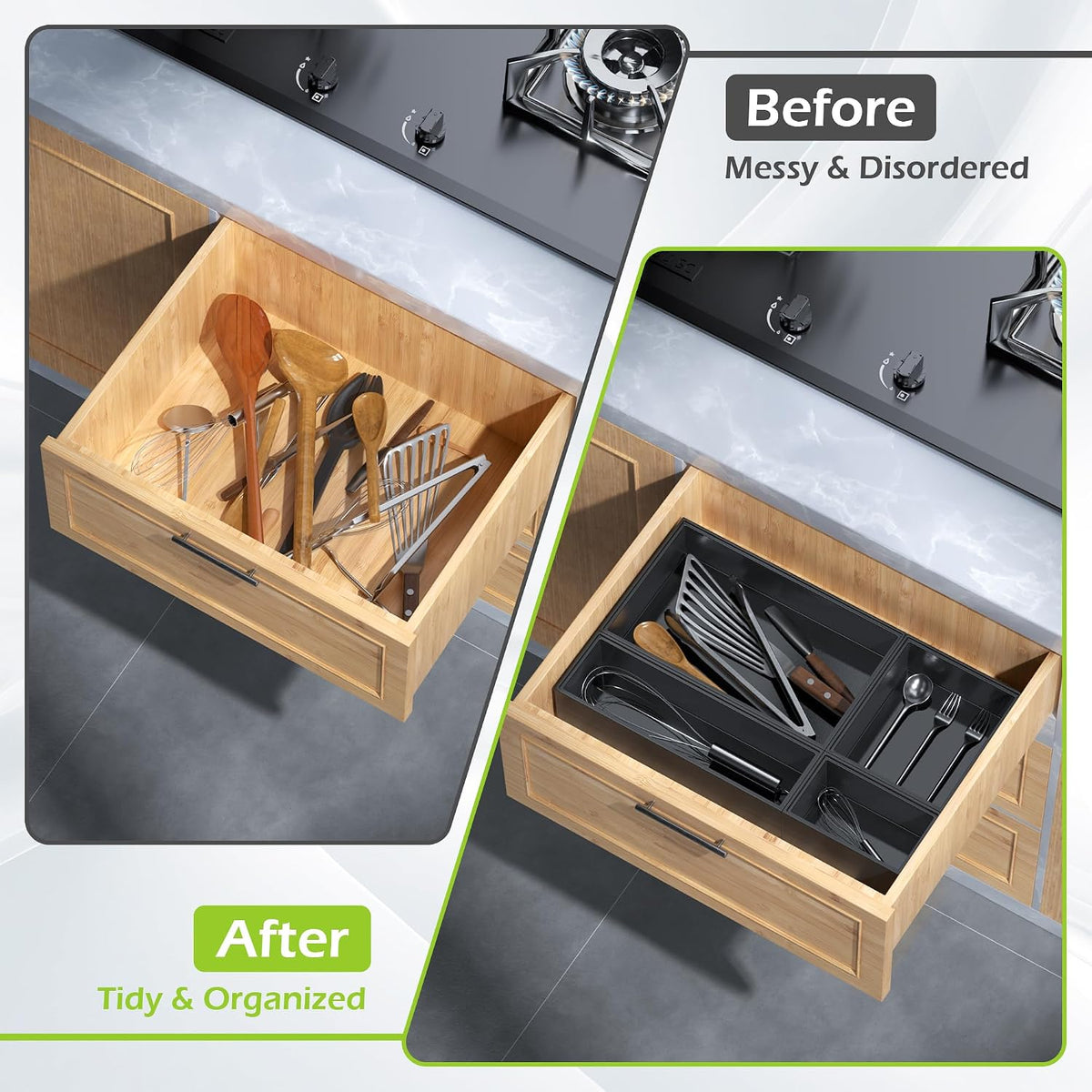Bamboo Drawer Organizer, 8-Piece Set, Black