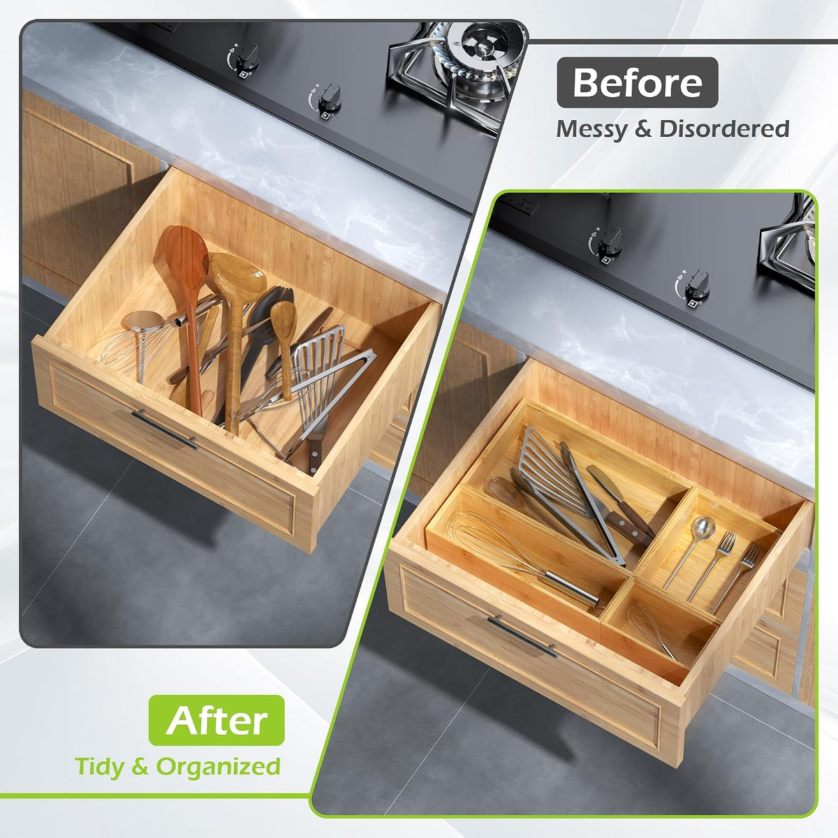 Bamboo Drawer Organizer, 8-Piece Set, Black