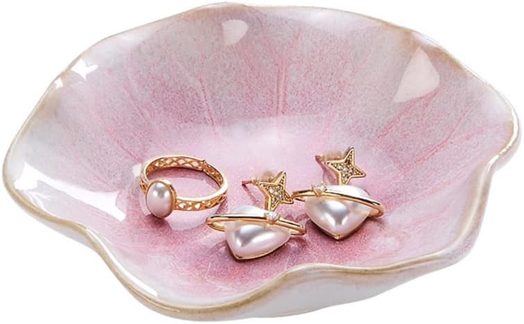 Ring Dish, Kiln Glaze Jewelry Trinket Tray, Gifts for Women I Lotus Leaf Necklace Earrings Holder on Nightstand Bathroom, Ceramic Cute Key Bowl, White. All Jewelries Are NOT Included.