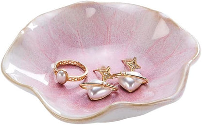 Ring Dish, Kiln Glaze Jewelry Trinket Tray, Gifts for Women I Lotus Leaf Necklace Earrings Holder on Nightstand Bathroom, Ceramic Cute Key Bowl, White. All Jewelries Are NOT Included.