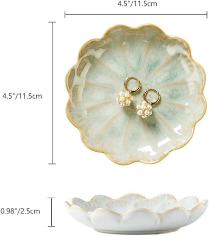 Ring Dish, Kiln Glaze Jewelry Trinket Tray, Gifts for Women I Lotus Leaf Necklace Earrings Holder on Nightstand Bathroom, Ceramic Cute Key Bowl, White. All Jewelries Are NOT Included.