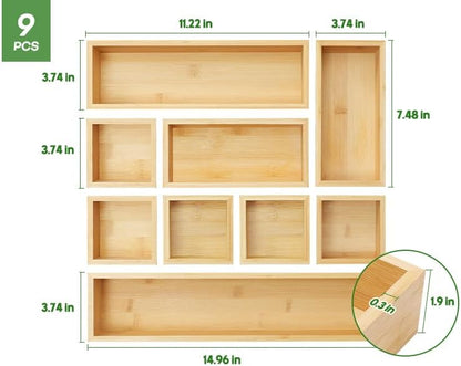 Bamboo Drawer Organizer Set, 5 PCS Multi-Use Individual Wood Storage Organizers, Junk Drawer Divider and Storage Trays Containers for Kitchen, Bathroom, Office Desk, Makeup, Jewelry, Utensils