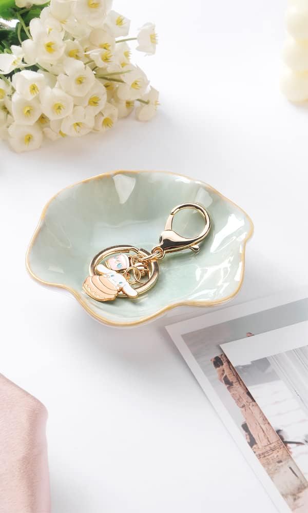 Ring Dish, Kiln Glaze Jewelry Trinket Tray, Gifts for Women I Lotus Leaf Necklace Earrings Holder on Nightstand Bathroom, Ceramic Cute Key Bowl, White. All Jewelries Are NOT Included.