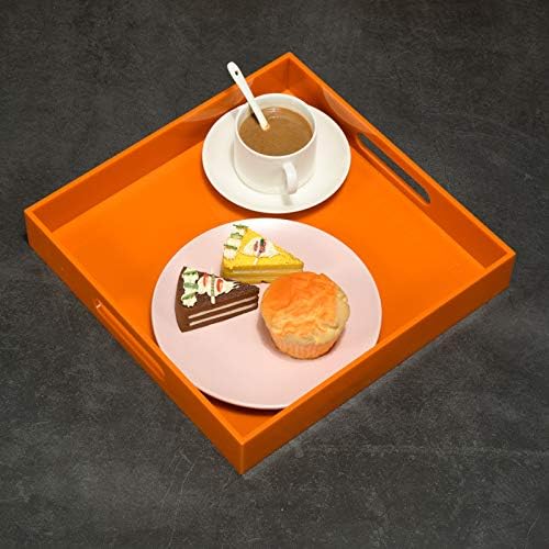 KEVLANG Glossy White Sturdy Acrylic Serving Tray with Handles-12x20 Inch-Serving Coffee Appetizer Breakfast-Kitchen Countertop Makeup Drawer Organizer-Vanity Table Ottoman Decorative Tray
