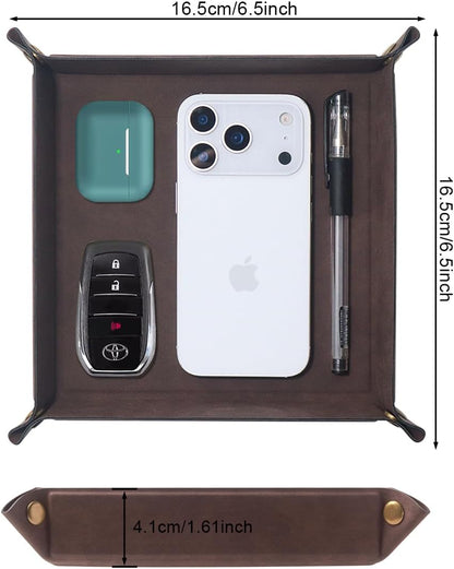 Valet Tray Desktop Storage Organizer – Premium PU Leather Catchall Bedside Vanity Tray Nightstand Caddy Holder for Remote Controller, Keys, Phone, Wallet, Coin, Jewelry,Brown