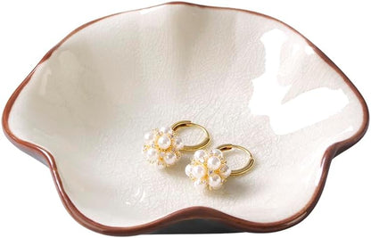 Ring Dish, Kiln Glaze Jewelry Trinket Tray, Gifts for Women I Lotus Leaf Necklace Earrings Holder on Nightstand Bathroom, Ceramic Cute Key Bowl, White. All Jewelries Are NOT Included.