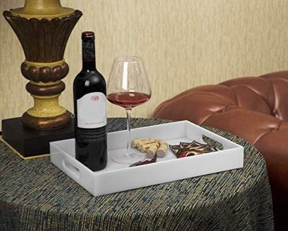 KEVLANG Glossy White Sturdy Acrylic Serving Tray with Handles-12x20 Inch-Serving Coffee Appetizer Breakfast-Kitchen Countertop Makeup Drawer Organizer-Vanity Table Ottoman Decorative Tray