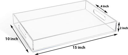 KEVLANG Glossy White Sturdy Acrylic Serving Tray with Handles-12x20 Inch-Serving Coffee Appetizer Breakfast-Kitchen Countertop Makeup Drawer Organizer-Vanity Table Ottoman Decorative Tray