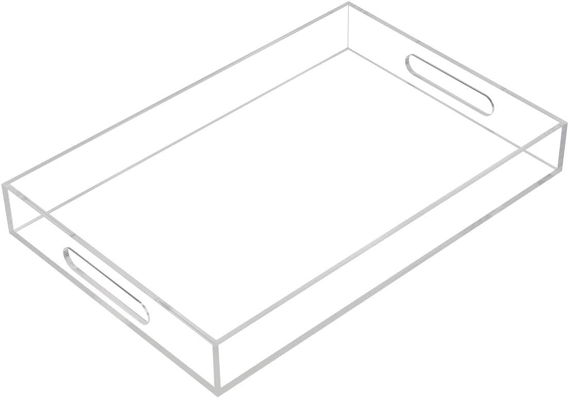 KEVLANG Glossy White Sturdy Acrylic Serving Tray with Handles-12x20 Inch-Serving Coffee Appetizer Breakfast-Kitchen Countertop Makeup Drawer Organizer-Vanity Table Ottoman Decorative Tray