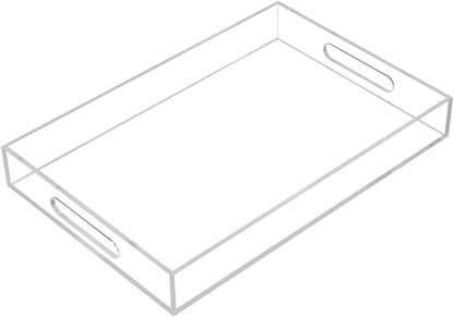 KEVLANG Glossy White Sturdy Acrylic Serving Tray with Handles-12x20 Inch-Serving Coffee Appetizer Breakfast-Kitchen Countertop Makeup Drawer Organizer-Vanity Table Ottoman Decorative Tray