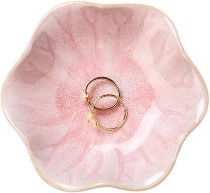 Ring Dish, Kiln Glaze Jewelry Trinket Tray, Gifts for Women I Lotus Leaf Necklace Earrings Holder on Nightstand Bathroom, Ceramic Cute Key Bowl, White. All Jewelries Are NOT Included.