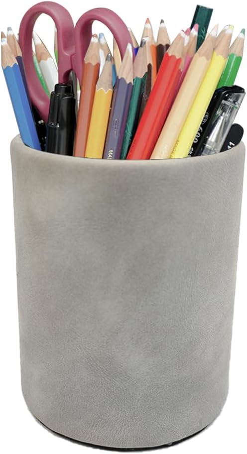 Leather Pen Holder, Brown Pencil Holder, Desktop Elegant Pen Holder for Desk, Stationery Organizer for School Office Home Dorm (3.3" x 3.3" x 4", Brown)