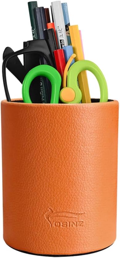 Leather Pen Holder, Brown Pencil Holder, Desktop Elegant Pen Holder for Desk, Stationery Organizer for School Office Home Dorm (3.3" x 3.3" x 4", Brown)
