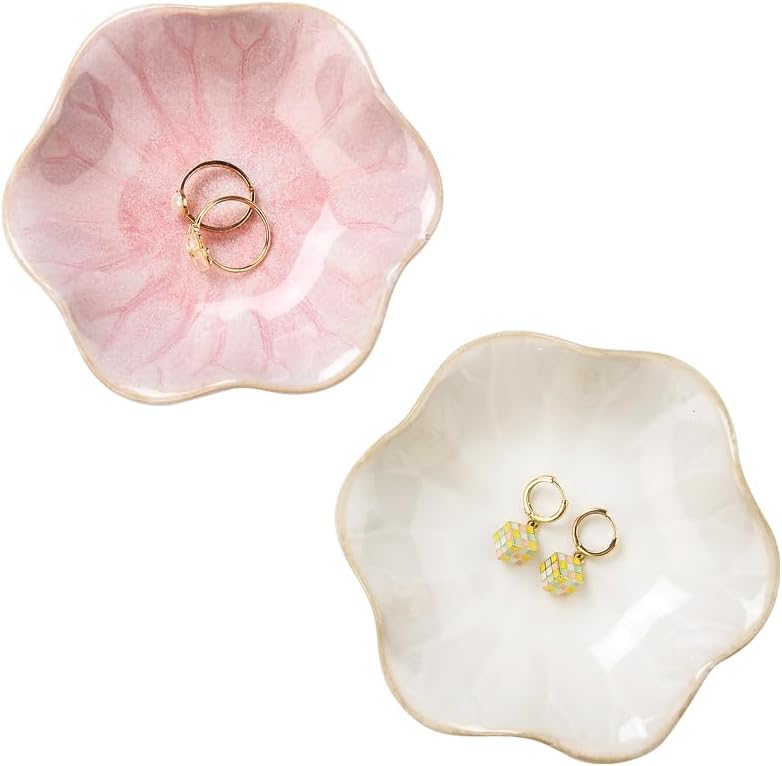 Ring Dish, Kiln Glaze Jewelry Trinket Tray, Gifts for Women I Lotus Leaf Necklace Earrings Holder on Nightstand Bathroom, Ceramic Cute Key Bowl, White. All Jewelries Are NOT Included.